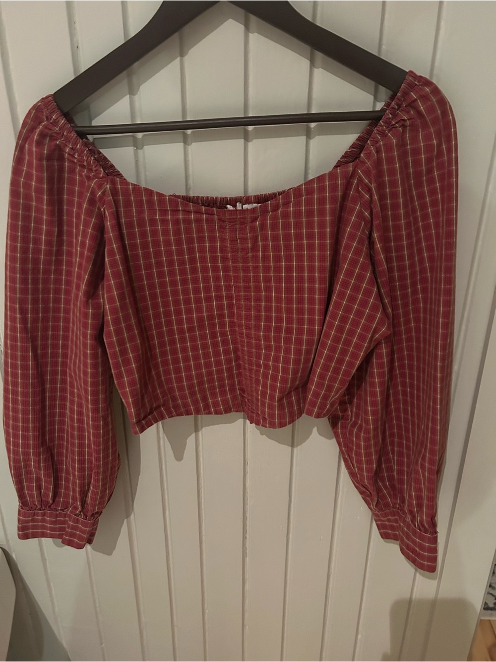 Levis Plaid Off-Shoulder Peasant Top - Burgundy